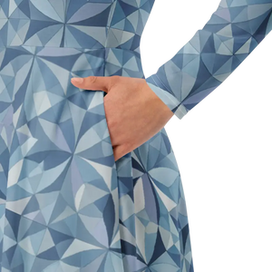 Blue Geometric Pattern Print Long Sleeve Midi Dress - Dipaliz - Dresses