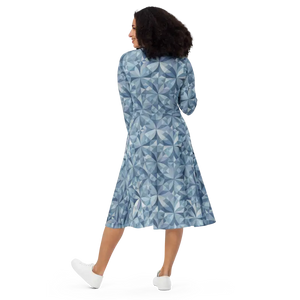 Blue Geometric Pattern Print Long Sleeve Midi Dress - Dipaliz - Dresses
