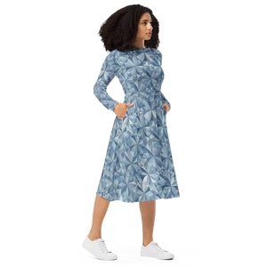 Blue Geometric Pattern Print Long Sleeve Midi Dress - Dipaliz - Dresses