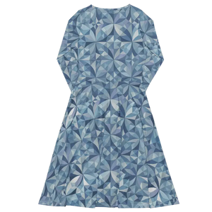 Blue Geometric Pattern Print Long Sleeve Midi Dress - Dipaliz - Dresses