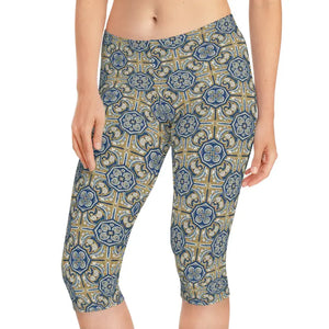 Leggings - Blue Gold Moroccan Tile Capri - Dipaliz Xs / Seam Thread Color Automatically Matched to Design