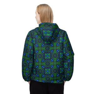 Outerwear - Blue Green Kaleidoscope Windbreaker Jacket - Hooded Art Design - Dipaliz