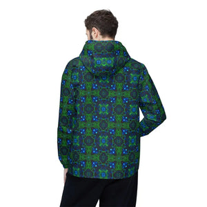 Outerwear - Blue Green Kaleidoscope Windbreaker Jacket - Hooded Art Design - Dipaliz