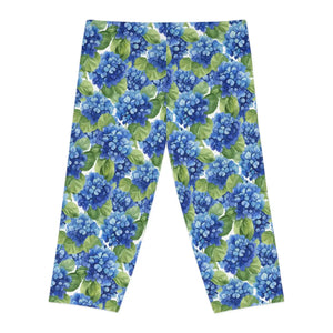 Blue Hydrangea Capri Leggings - Watercolor Floral - Dipaliz