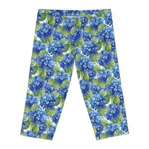 Blue Hydrangea Capri Leggings - Watercolor Floral - Dipaliz