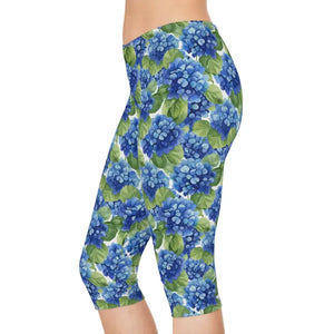 Leggings - Blue Hydrangea Capri - Watercolor Floral Print - Dipaliz
