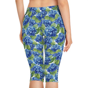 Leggings - Blue Hydrangea Capri - Watercolor Floral Print - Dipaliz