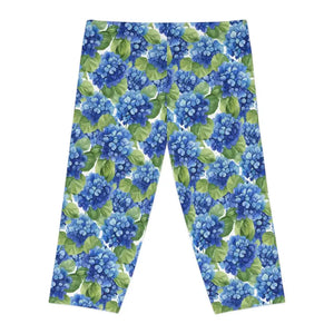 Leggings - Blue Hydrangea Capri - Watercolor Floral Print - Dipaliz