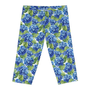 Leggings - Blue Hydrangea Capri - Watercolor Floral Print - Dipaliz