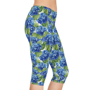 Leggings - Blue Hydrangea Capri - Watercolor Floral Print - Dipaliz