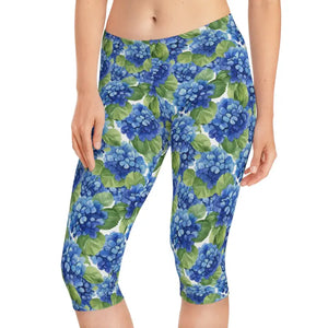 Leggings - Blue Hydrangea Capri - Watercolor Floral Print - Dipaliz Xs / Seam Thread Color Automatically Matched