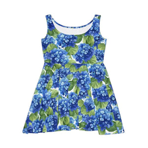 Dresses - Blue Hydrangea Floral Skater Dress - Stretchy Summer Aop - Dipaliz