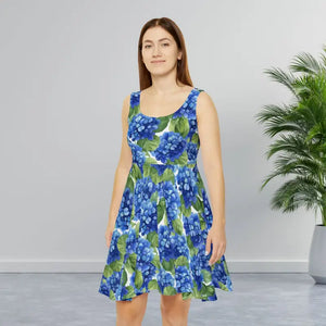 Dresses - Blue Hydrangea Floral Skater Dress - Stretchy Summer Aop - Dipaliz Xs