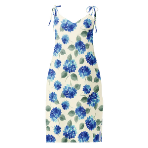 Blue Hydrangea Midi Dress Built-in Bra Flirty Style - Dipaliz - Dresses