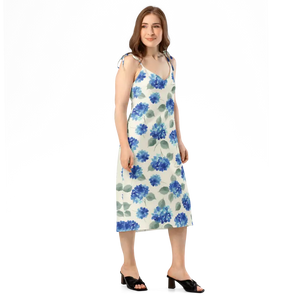 Blue Hydrangea Midi Dress Built-in Bra Flirty Style - Dipaliz - Dresses