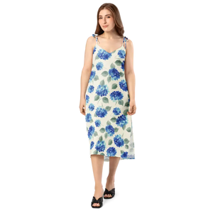 Blue Hydrangea Midi Dress Built-in Bra Flirty Style - Dipaliz - Dresses
