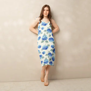 Blue Hydrangea Midi Dress Built-in Bra Flirty Style - Dipaliz - Xs - Dresses