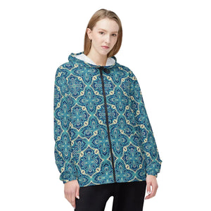 Blue Mosaic Pattern Windbreaker Jacket - Windbreakers