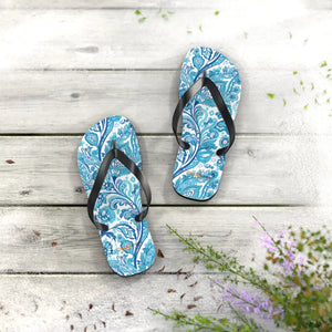 Blue Paisley Beach Flip Flops - Hand Painted Summer Sandals - Dipaliz - s / Black Sole - Shoes