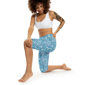 Blue Paisley Capri Leggings - Ocean Waves Activewear - Dipaliz - Xs / White Stitching