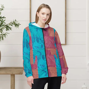 Outerwear - Blue and Red Abstract Lines Pattern Windbreaker Jacket (aop) Xs