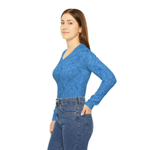 Blue Textured V-neck Long Sleeve, Women’s Casual Top - T-shirts - Xs