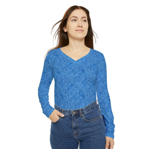 Blue Textured V-neck Long Sleeve, Women’s Casual Top - T-shirts - Xs