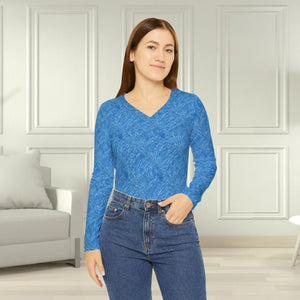 Blue Textured V-neck Long Sleeve, Women’s Casual Top - T-shirts - Xs