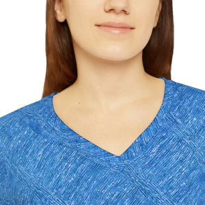 Blue Textured V-neck Long Sleeve, Women’s Casual Top - T-shirts - Xs