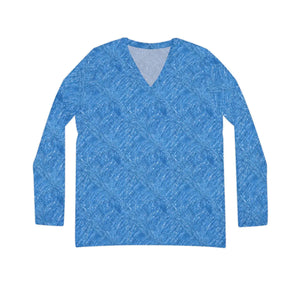 Blue Textured V-neck Long Sleeve, Women’s Casual Top - T-shirts - Xs