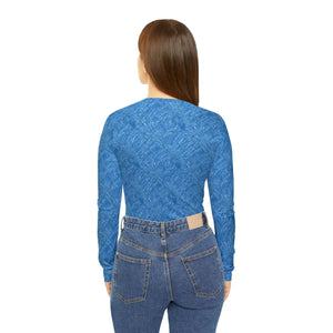 Blue Textured V-neck Long Sleeve, Women’s Casual Top - T-shirts - Xs