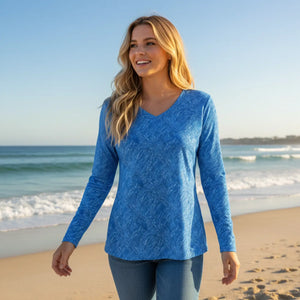 Blue Textured V-neck Long Sleeve, Women’s Casual Top - T-shirts - Xs