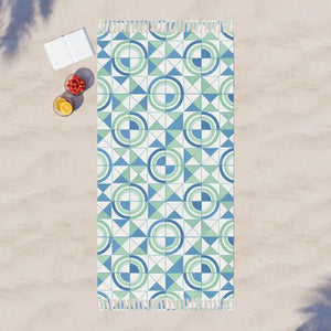 Home Decor - Boho Geometric Beach Towel - Blue Green Circular Fringe - Dipaliz 38’’ × 81’’ / Polyester
