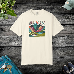 Boho mountain trekking tee by DipaliZ in single-weight line art