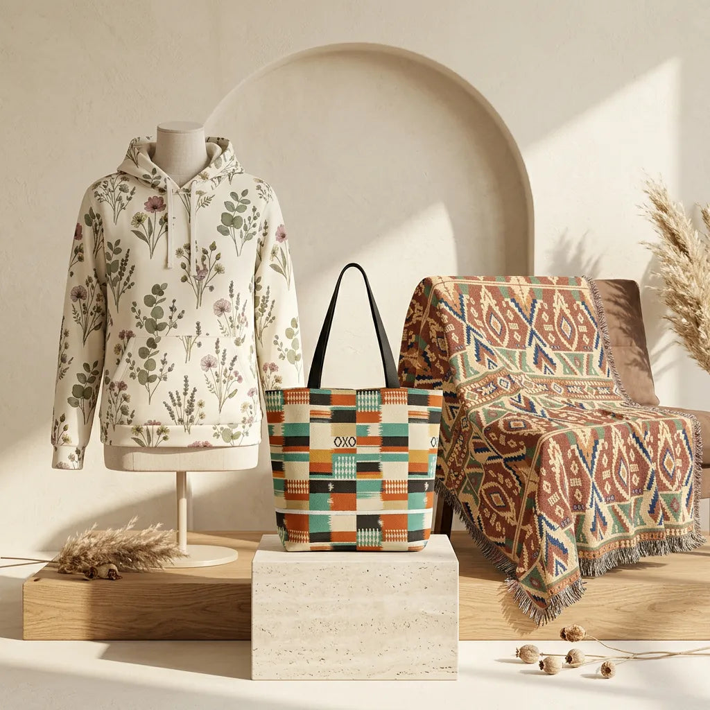 Boho products on an elegant ivory boutique display