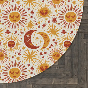 Retro Celestial Area Round Rug - Boho Sun Moon Design - Dipaliz - 60’’ × - Rugs