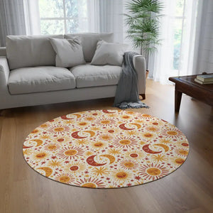 Retro Celestial Area Round Rug - Boho Sun Moon Design - Dipaliz - 60’’ × - Rugs