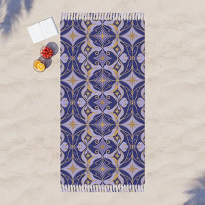 Home Decor - Boho Tile Beach Towel - Blue Moroccan Patterned Fringe - Dipaliz 38’’ × 81’’ / Polyester