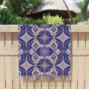 Home Decor - Boho Tile Beach Towel - Blue Moroccan Patterned Fringe - Dipaliz 38’’ × 81’’ / Polyester
