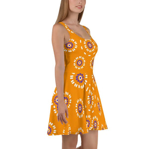 Yellow Floral Skater Dress Flared Skirt Cheerful Style - Dipaliz - Dresses