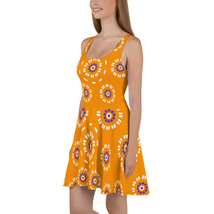 Sunshine Radiance: Yellow Floral Skater Dress with Flared Skirt - Dresses