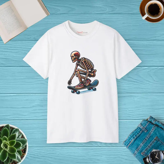 Skating Skeleton Ultra Cotton Tee - Bones on Shred Style - White / s T-shirt