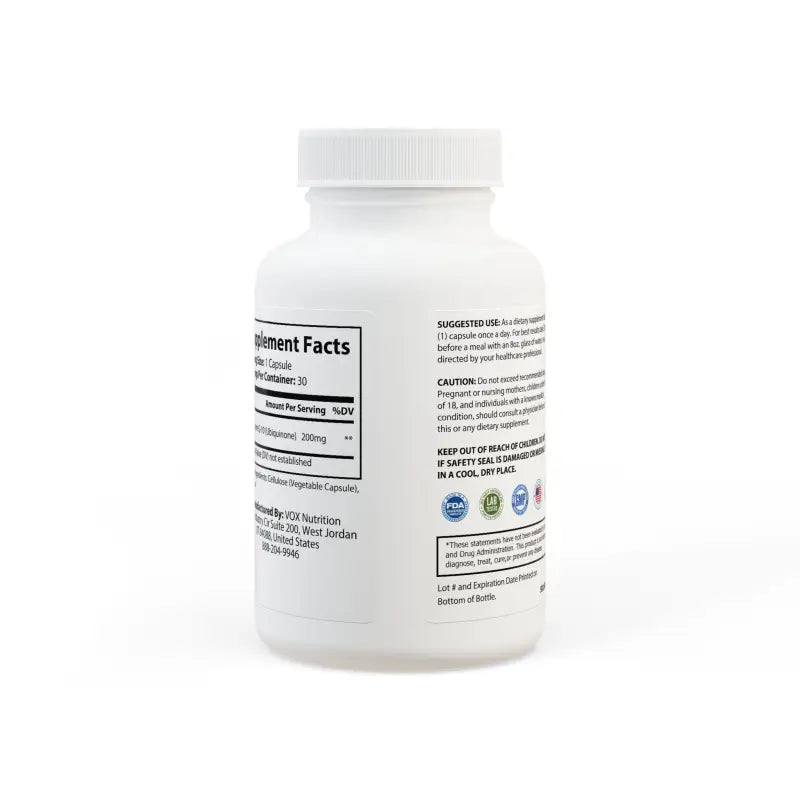 Boost your Health with Usa-made Coenzyme Q-10 Antioxidants - White Bottle + Cap / Unflavored / 30 Vegetable Capsules