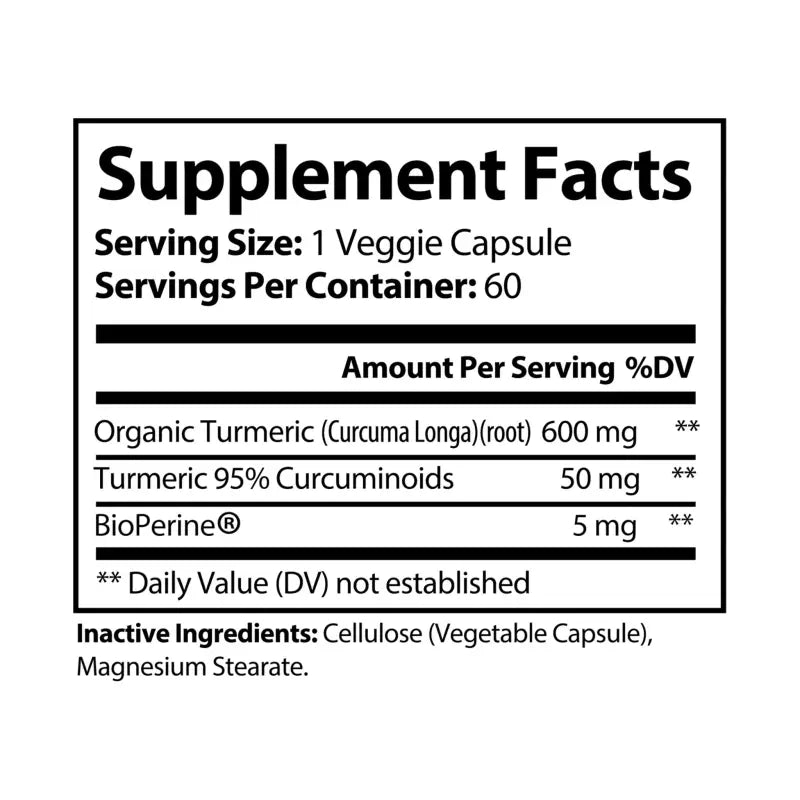 Boost Vitality with Curcuma Longa & Black Pepper Punch! - White Bottle + Cap / Unflavored / 60 Vegetable Capsules Food