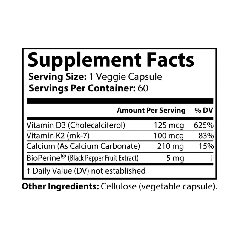 Boost Active Life with Vitamin K2 & D3 + Black Pepper Extract - White Bottle + Cap / Unflavored / 60 Vegetable Capsules