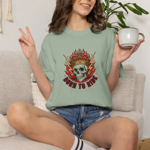 Born to Ride Skull T-shirt, Flaming Crown Motorcycle Tee - T-shirts