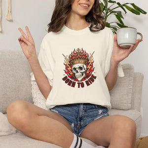 Born to Ride Skull T-shirt, Flaming Crown Motorcycle Tee - T-shirts