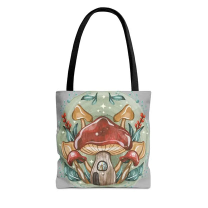 Botanical Cottage Core Mushrooms in Retro Colors 100% Polyester Black Cotton Handles Aop Tote Bag - Bags