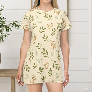 Dresses - Botanical Cream Floral Leaf T-shirt Dress - Dipaliz Xs