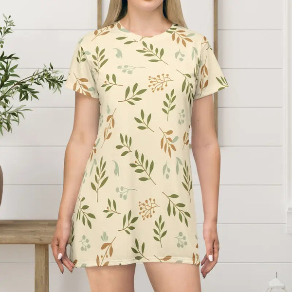 Dresses - Botanical Cream Floral Leaf T-shirt Dress - Dipaliz Xs